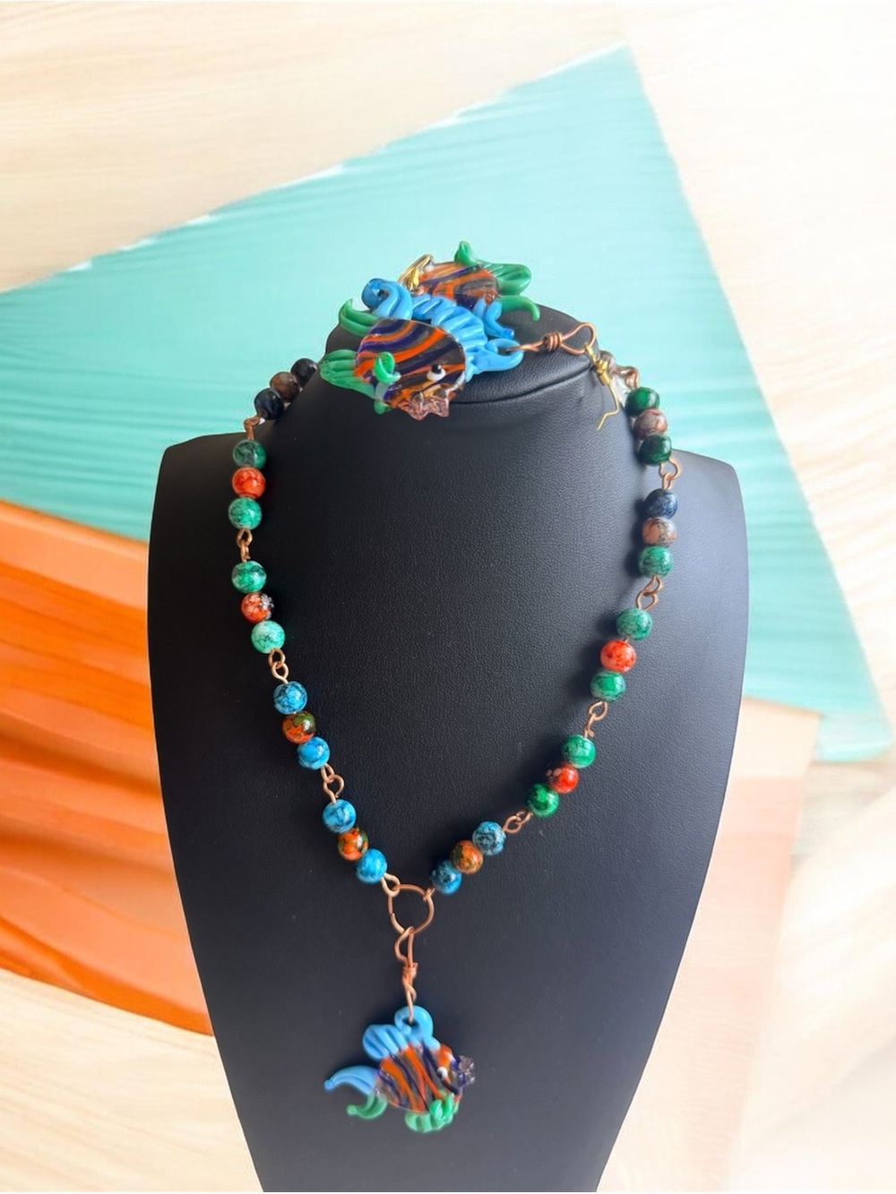 Handmade Multicolor Bead Necklace with Blue & Green Fish Pendant